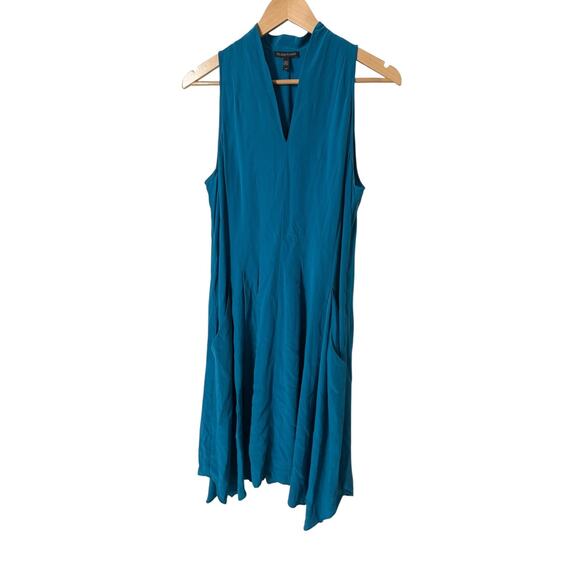 Eileen Fisher Turquoise 100% Silk Pleated V-Neck Dress Small - Picture 1 of 6